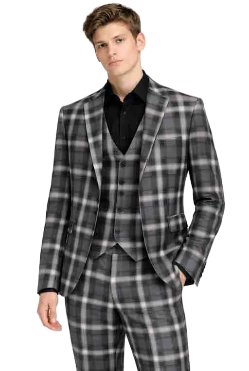 Mens Grey Plaid 3-Piece Slim Fit Suit – Checkered, Vest and Trousers Set