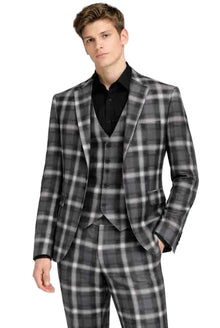Mens Grey Plaid 3-Piece Slim Fit Suit – Checkered, Vest and Trousers Set