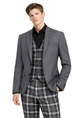 Mens Grey 3-Piece Suit with Plaid Waistcoat and Trousers – Slim Fit Formal Wedding Set