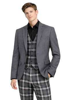 Mens Grey 3-Piece Suit with Plaid Waistcoat and Trousers – Slim Fit Formal Wedding Set