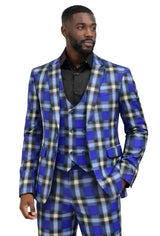 Mens Royal Blue Plaid 3-Piece Slim Fit Suit Set