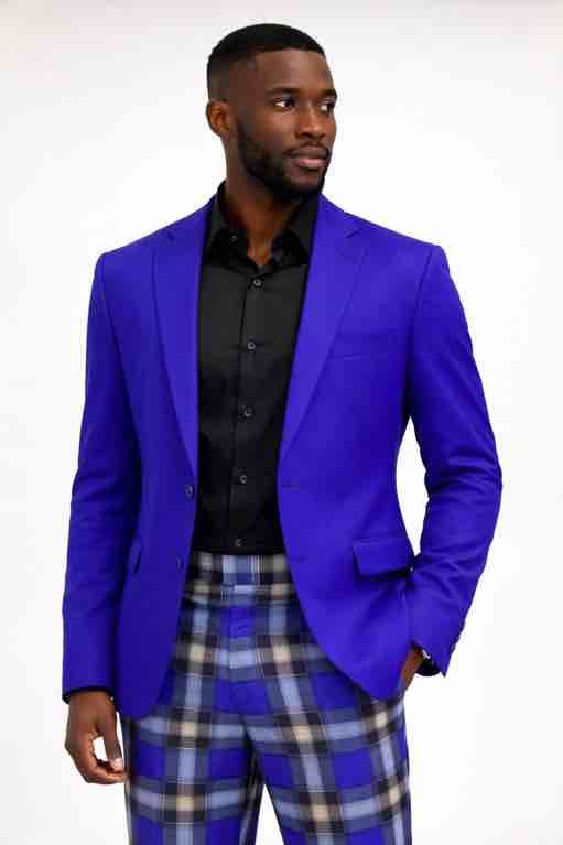 Mens Royal Blue 2-Piece Suit – Slim Fit Solid Jacket with Plaid Trousers for Wedding and Party Wear