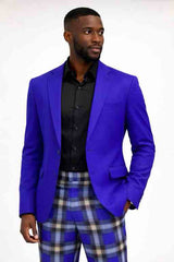Mens Royal Blue 2-Piece Suit – Slim Fit Solid Jacket with Plaid Trousers for Wedding and Party Wear