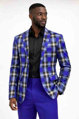Mens Royal Blue Plaid Blazer with Matching Trousers Set
