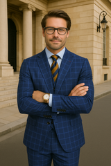 Wool Suit - Italian Made Business Suit by Statement Men's 3 Piece 100% Wool Modern Fit Suit - Classic Plaid Pattern