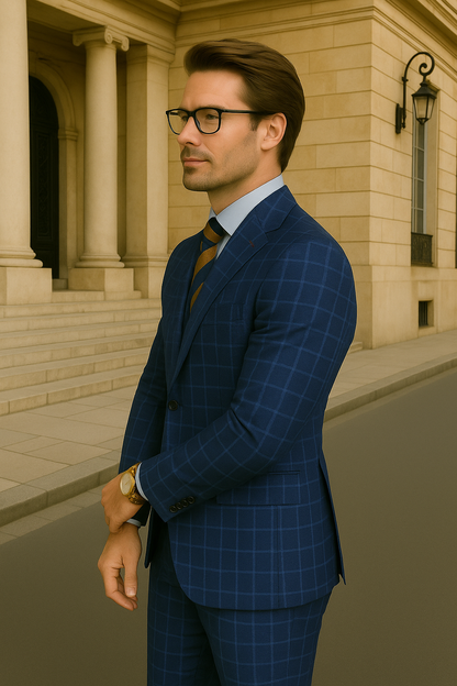 Wool Suit - Italian Made Business Suit by Statement Men's 3 Piece 100% Wool Modern Fit Suit - Classic Plaid Pattern