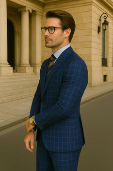 Wool Suit - Italian Made Business Suit by Statement Men's 3 Piece 100% Wool Modern Fit Suit - Classic Plaid Pattern