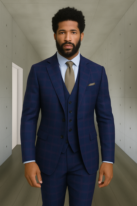 Wool Suit - Italian Made Business Suit by Statement Men's 3 Piece 100% Wool Modern Fit Suit - Sharp Plaid Pattern