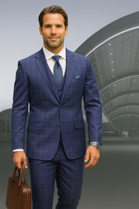 Wool Suit - Italian Made Business Suit by Statement Men's 3 Piece 100% Wool Modern Fit Suit - Fashion Pattern