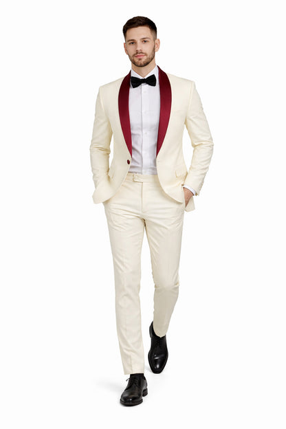 Men's Cream  Ivory One Button Cheap Priced Designer Fashion Dress Casual Blazer On Sale Burgundy Shawl Lapel Blazer - Image 5