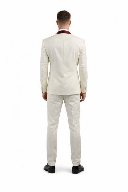 Men's Cream  Ivory One Button Cheap Priced Designer Fashion Dress Casual Blazer On Sale Burgundy Shawl Lapel Blazer - Image 2