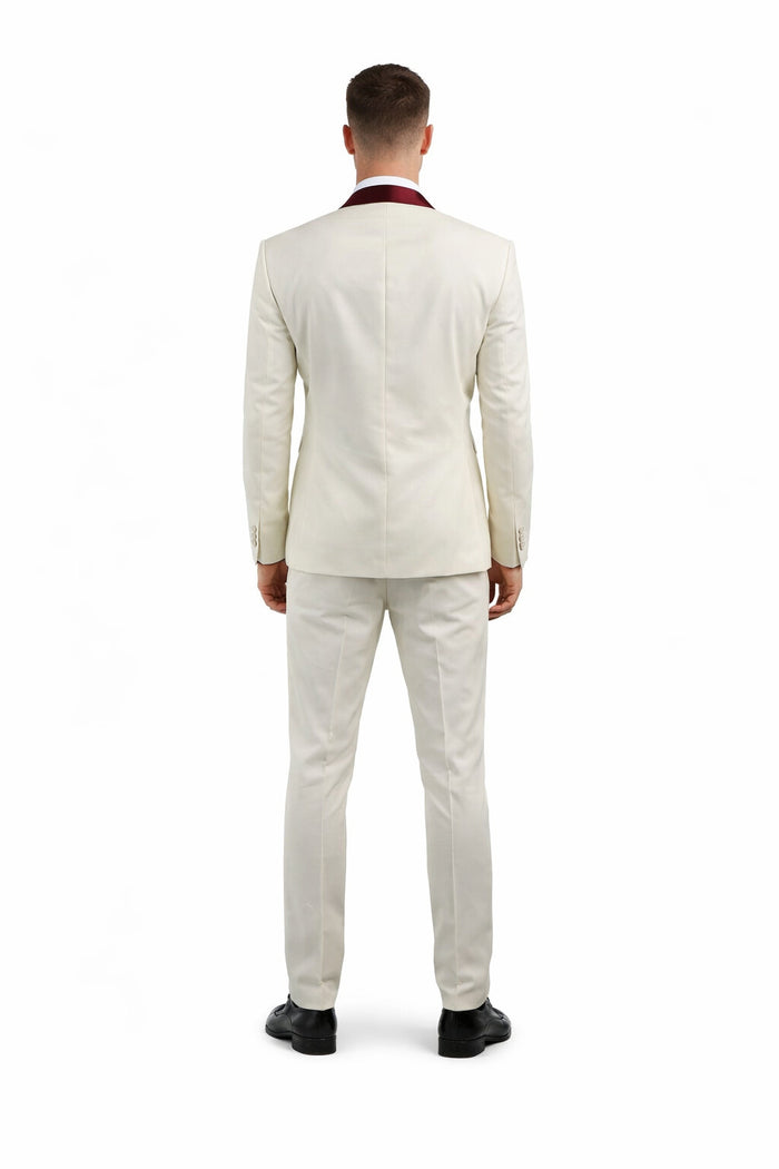 Men's Cream  Ivory One Button Cheap Priced Designer Fashion Dress Casual Blazer On Sale Burgundy Shawl Lapel Blazer - Image 2