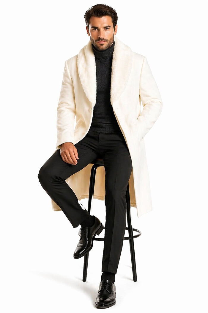 Mens Overcoat With Fur Collar - Ivory Topcoat