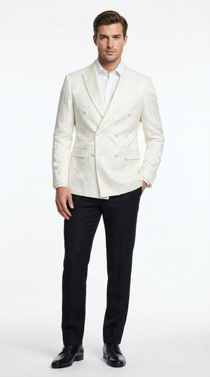 Men’s Ivory Dinner Jacket  Floral Jacquard Blazer – Double Breasted Satin Lapel Formal Tuxedo Jacket for Wedding  Cream Off White color
