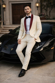 Men's Cream  Ivory One Button Cheap Priced Designer Fashion Dress Casual Blazer On Sale Burgundy Shawl Lapel Blazer - Image 7