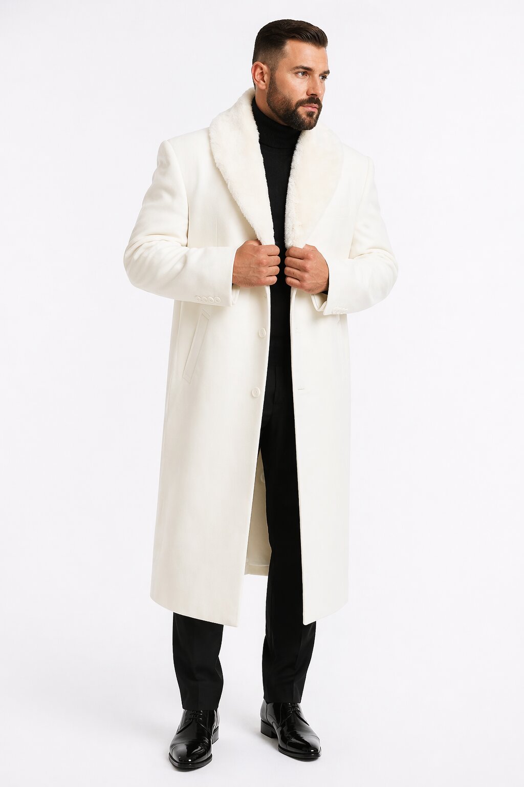 Mens Overcoat With Fur Collar - Ivory Topcoat