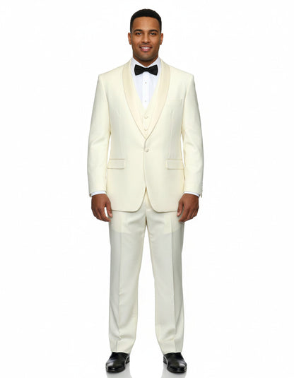 Mens 1 Button Shawl Lapel Vested Wool Prom | Wedding Tuxedo in Ivory - Image 8