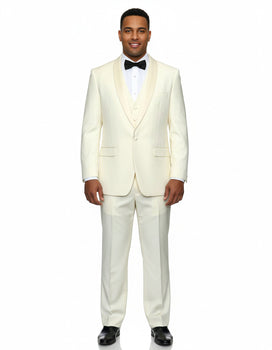 Mens 1 Button Shawl Lapel Vested Wool Prom | Wedding Tuxedo in Ivory - Image 8