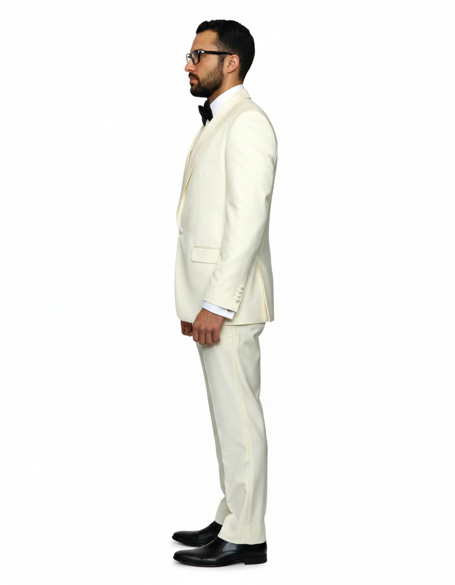 Mens 1 Button Shawl Lapel Vested Wool Prom | Wedding Tuxedo in Ivory - Image 3
