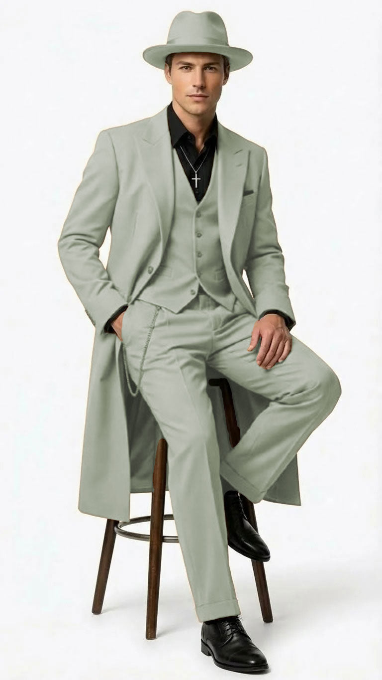Men’s 1920s Beige Zoot Suit – Long Mafia Gangster Three-Piece Suit in Tan Khaki Color 40 inch Zuit Pachuco Suit