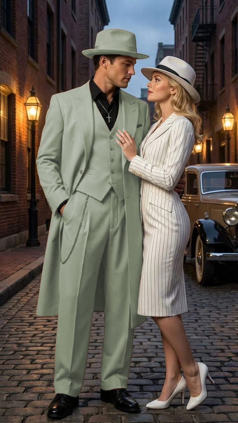 Men’s 1920s Beige Zoot Suit – Long Mafia Gangster Three-Piece Suit in Tan Khaki Color 40 inch Zuit Pachuco Suit