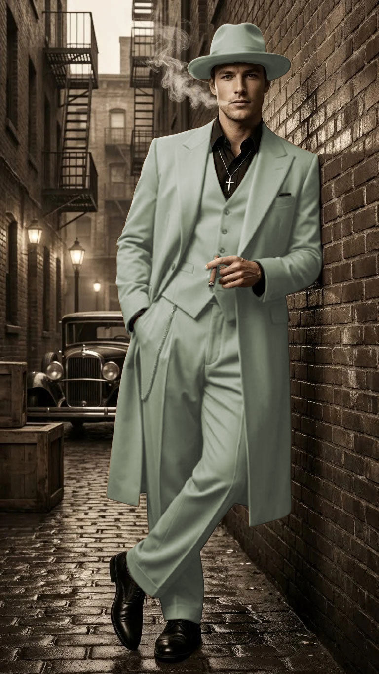 Men’s 1920s Beige Zoot Suit – Long Mafia Gangster Three-Piece Suit in Tan Khaki Color 40 inch Zuit Pachuco Suit
