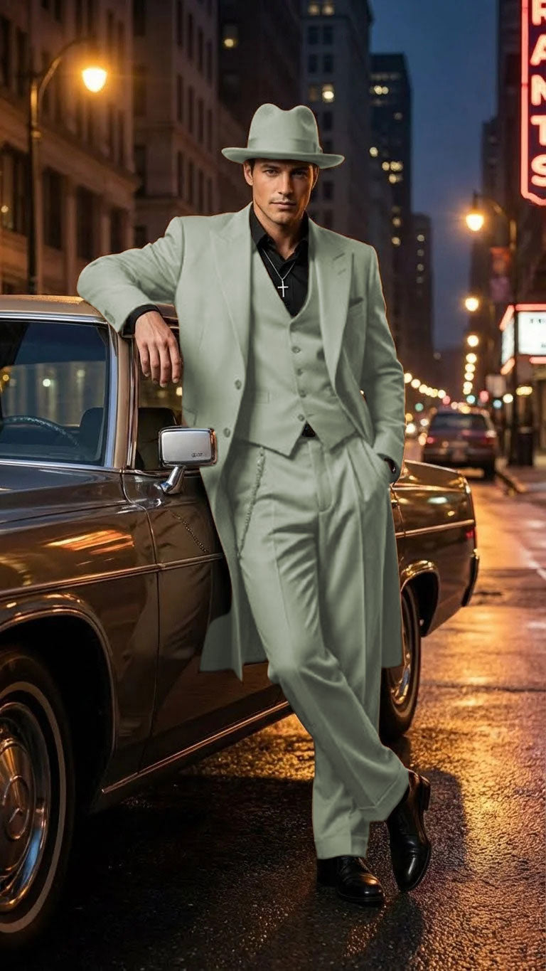 Men’s 1920s Beige Zoot Suit – Long Mafia Gangster Three-Piece Suit in Tan Khaki Color 40 inch Zuit Pachuco Suit