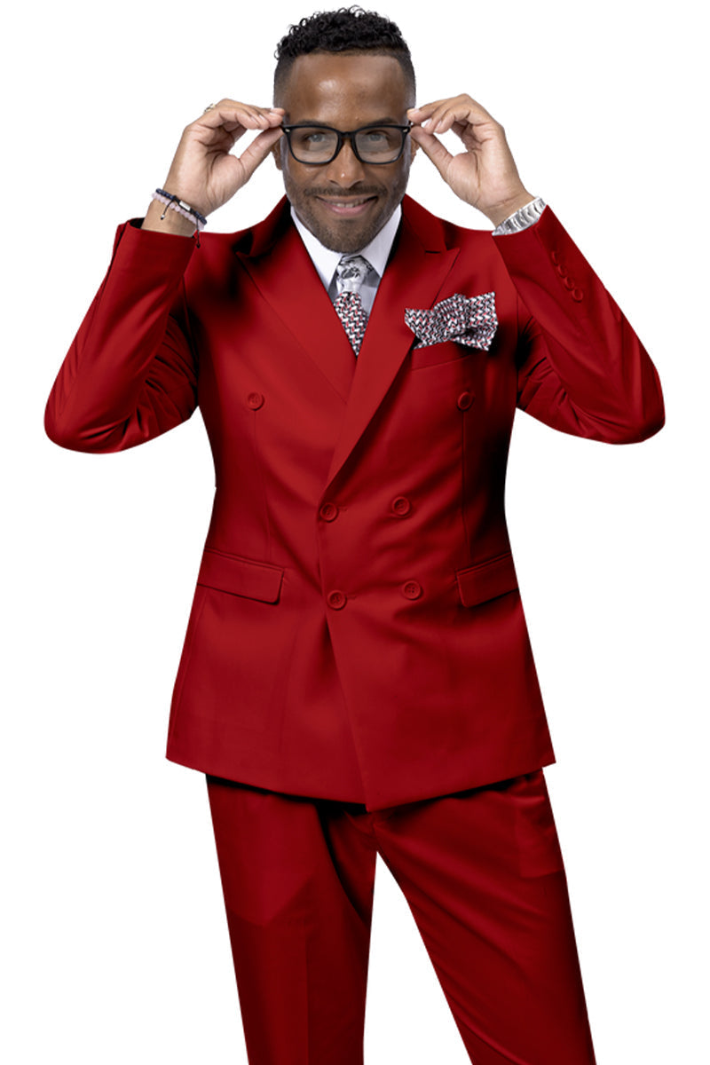 Men’s Modern Double Breasted Peak Lapel Suit – Red by EJ Samuel