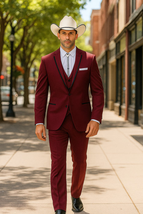 SKU#JA60892 Country Tuxedos For Weddings Mens Traje Vaquero Suit - Burgundy Tuxedo