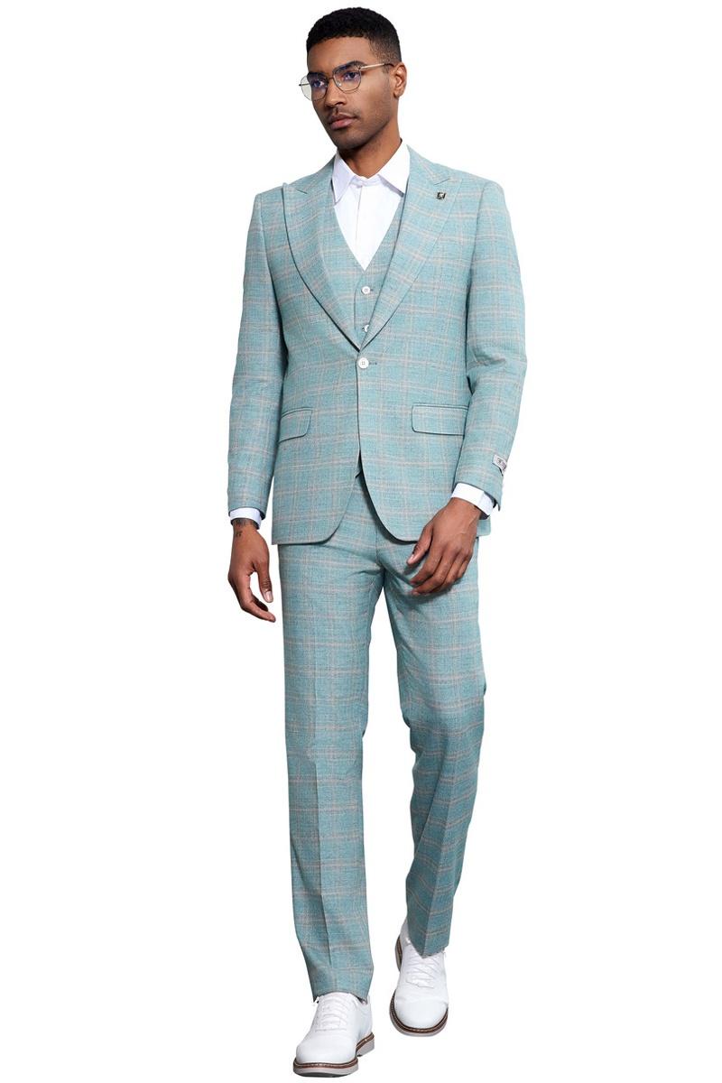 Men's Stacy Adams Vested Peak Lapel Light Turquoise Green Plaid Prom & Wedding Suit - Image 2