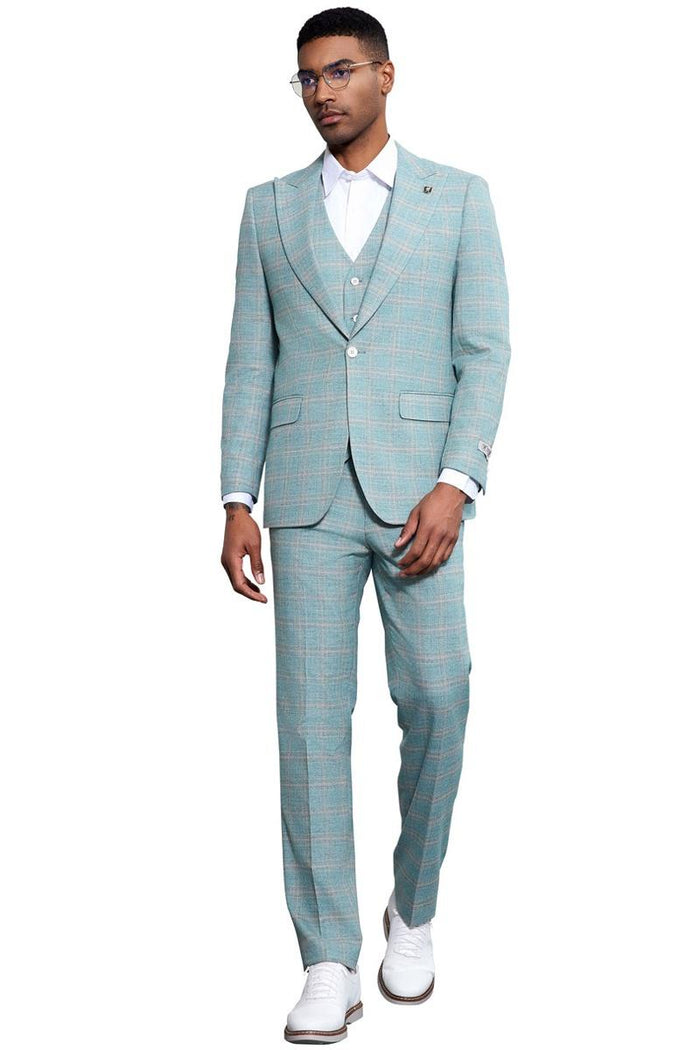 Men's Stacy Adams Vested Peak Lapel Light Turquoise Green Plaid Prom & Wedding Suit - Image 2