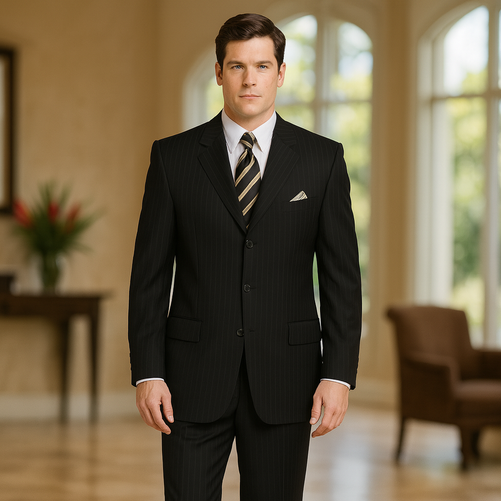 JP56 BLACK W/ WHITE PINSTRIPE EXTRA FINE SUPER 120'S Cheap Priced Business Suits Clearance Sale Available In 2 Or 3 Buttons Style Regular Classic Cut - Image 8