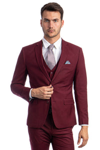 Graduation Suit - Men's Two Button Slim Fit Vested Solid Basic Color Suit in Burgundy