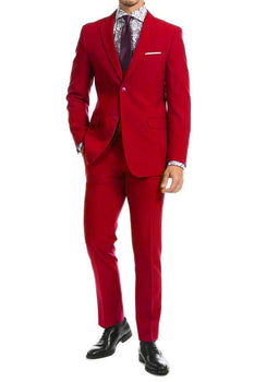 Apollo King Designer Brand + Mens Two Button Modern Fit Basic Suit in Red