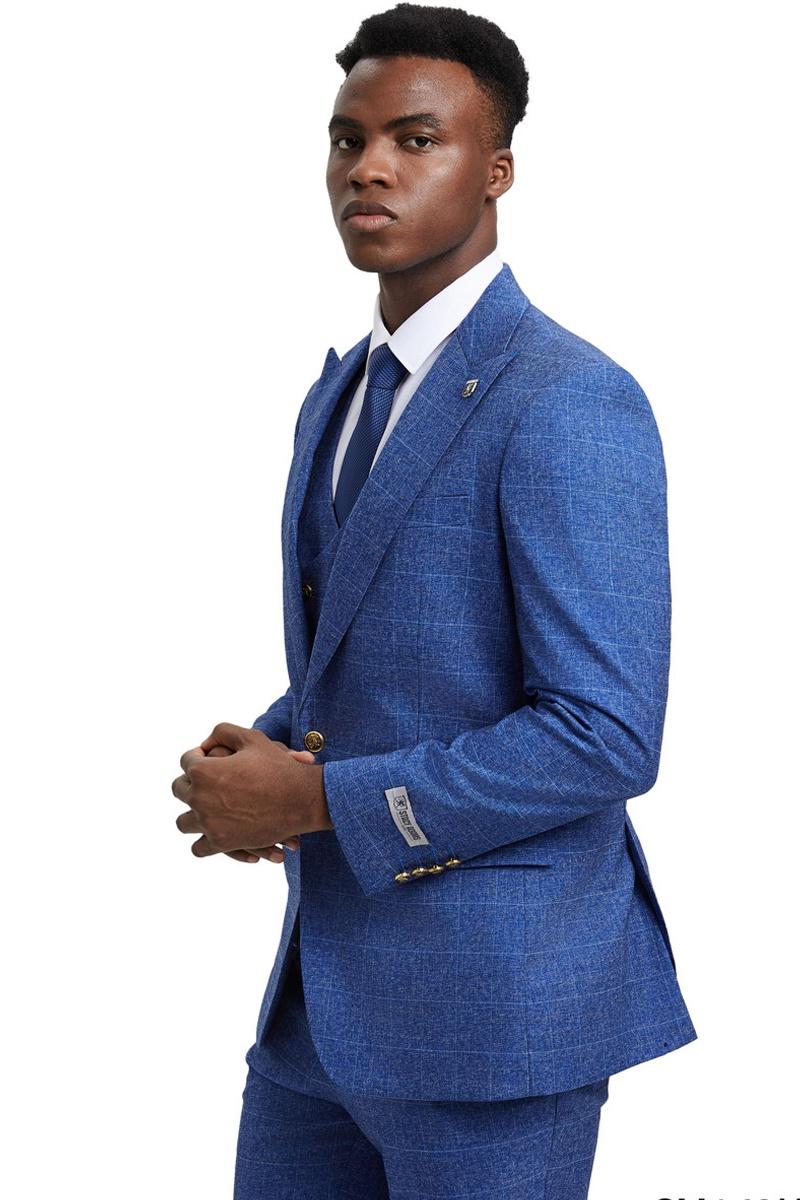 Men's Stacy Adam's One Button Vested Peak Lapel Business Suit in Navy Blue Plaid
