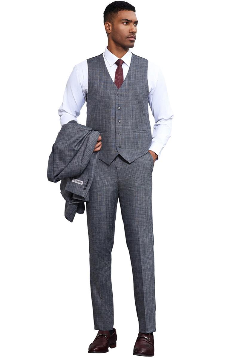 Men's Stacy Adams Vested Sharkskin Weave Pattern Suit in Grey - Image 4
