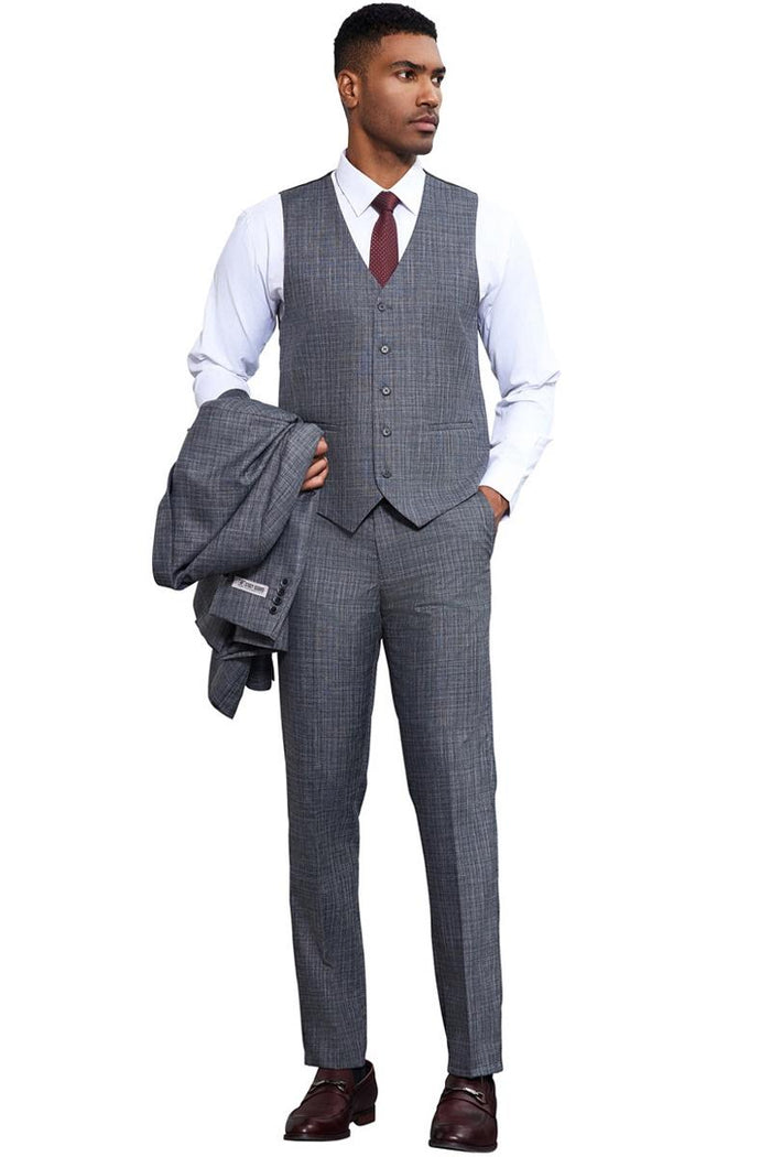 Men's Stacy Adams Vested Sharkskin Weave Pattern Suit in Grey - Image 4