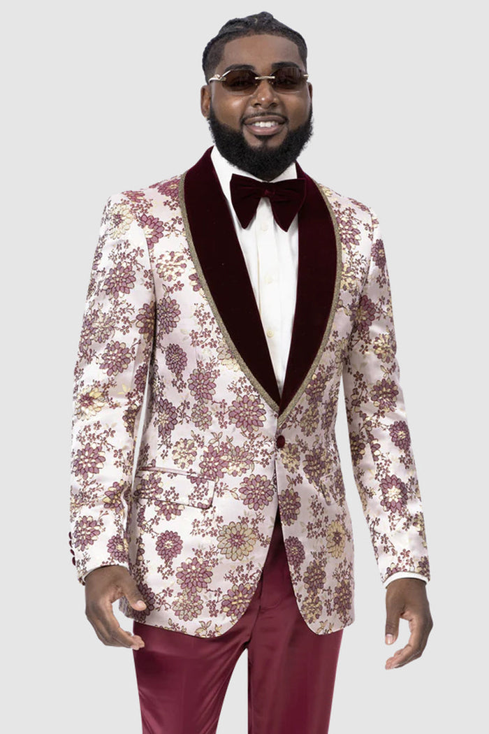 Mens One Button Vintage Style Burgundy & Gold Prom Tuxedo Dinner Jacket