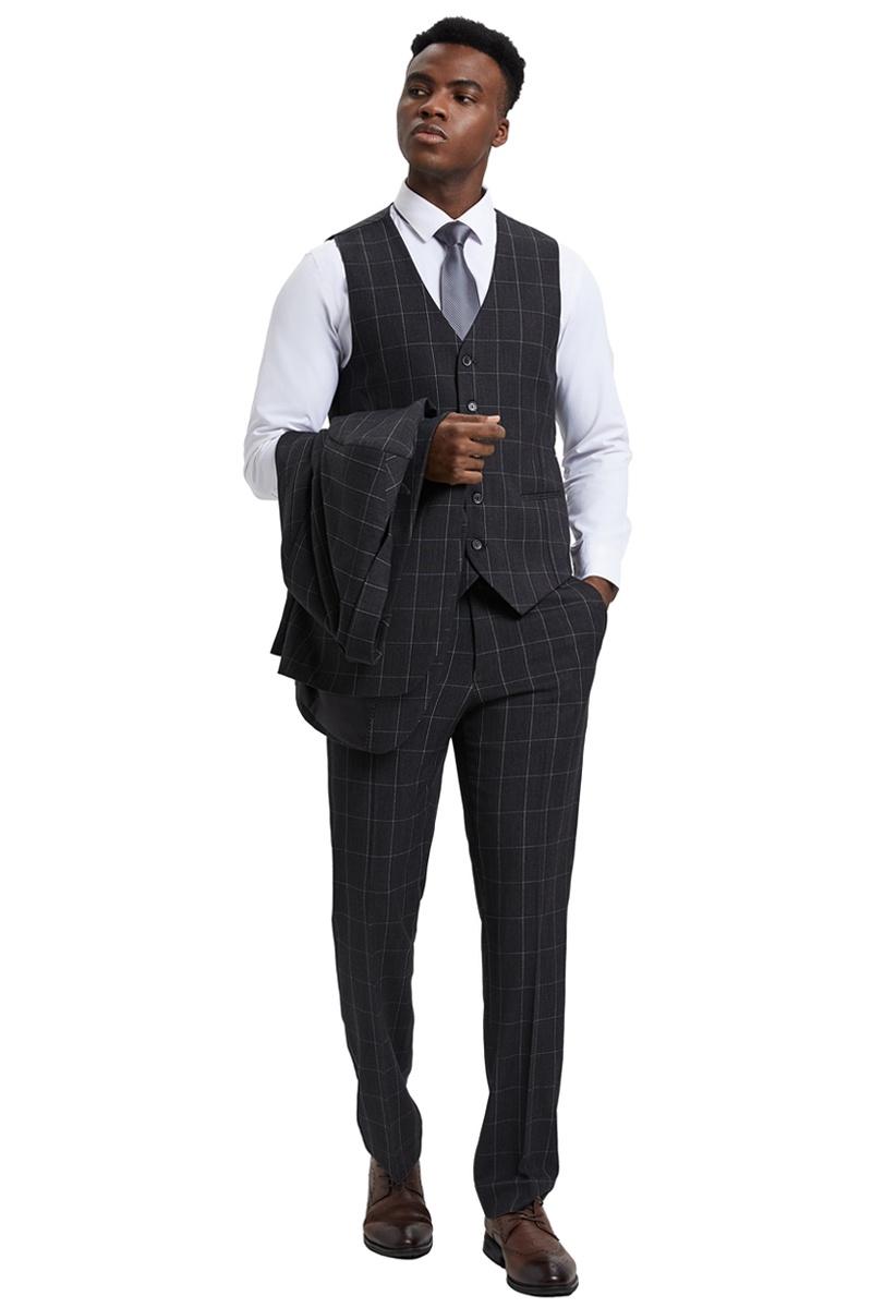 Men's Stacy Adams Vest Classic Bold Windowpane Suit in Dark Charcoal Grey - Image 3