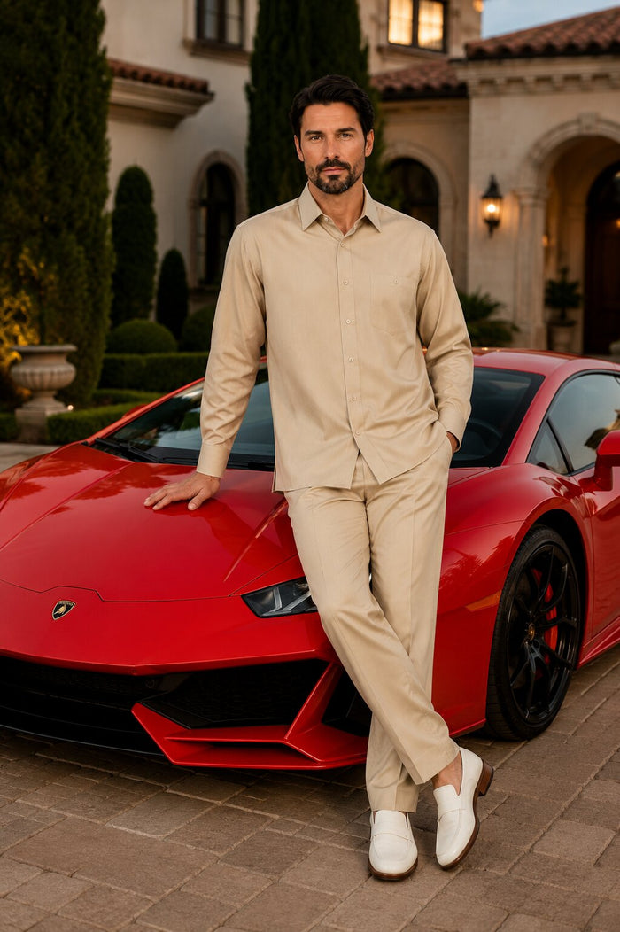 Long Sleeve Walking Suit - Casual Suits For Men + Mens Leisure Suit + Khaki