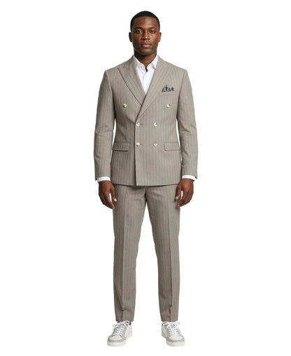 Khaki Pinstripe Double-Breasted Slim Fit 2-Piece Suit