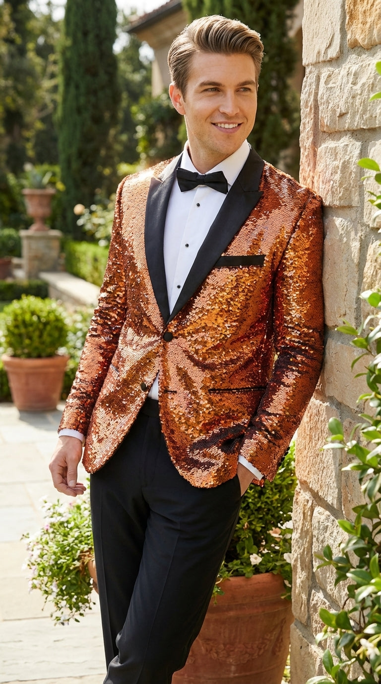 Mens Orange Sequin Blazer Tuxedo Dinner Jacket – Shiny Party Dinner Jacket with Black Lapel for Wedding, Prom, Stage Kingsman Jacket