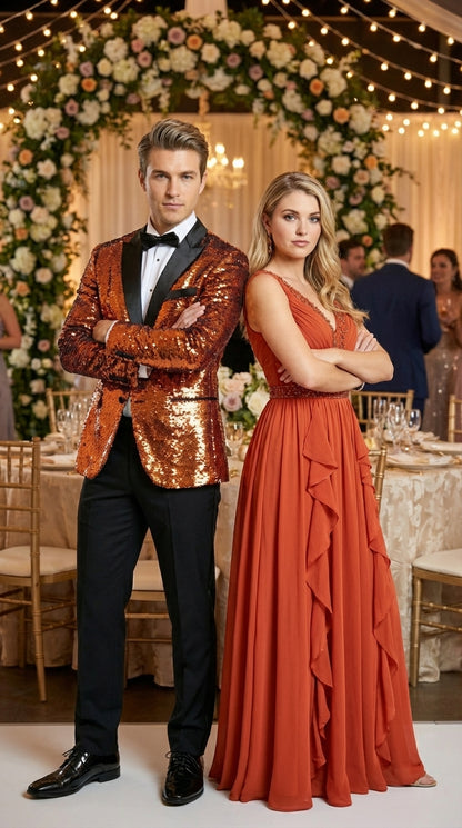 Mens Orange Sequin Blazer Tuxedo Dinner Jacket – Shiny Party Dinner Jacket with Black Lapel for Wedding, Prom, Stage Kingsman Jacket