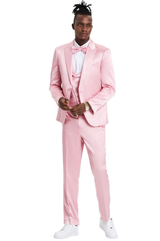 Graduation Suit - Men's One Button Vested Shiny Satin Sharkskin Prom & Wedding Party Suit in Dusty Rose - Image 2