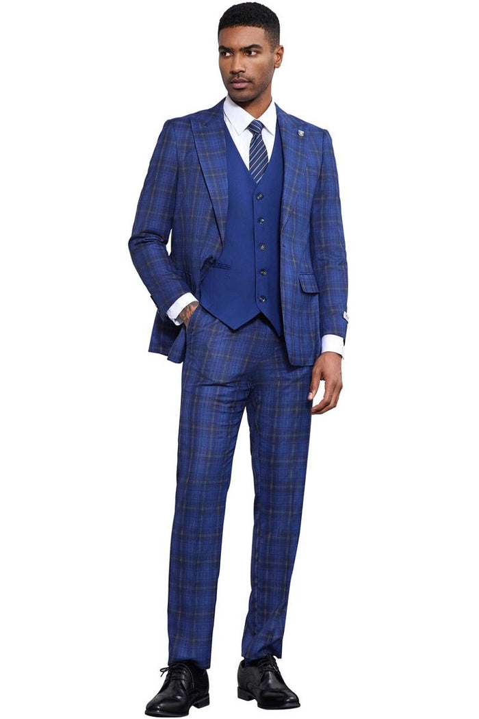 Men's Stacy Adams Bold Windowpane Plaid Print Vested Suit in Midnight Blue - Image 3