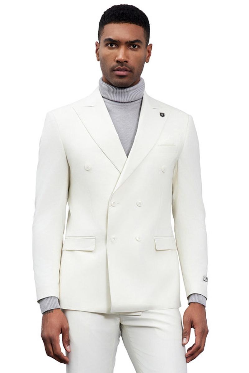 Men's Designer Stacy Adams Classic Double Breasted Suit in Ivory