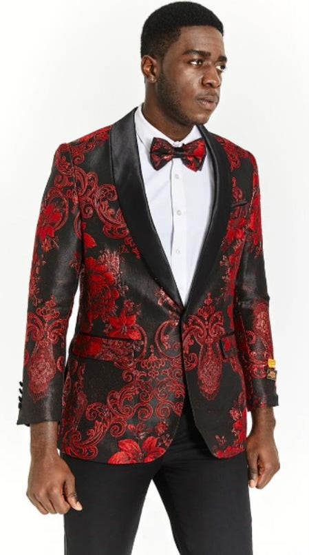 Black Paisley Blazer With Red Trim Collar + Black Pants - Prom Suit main image 0