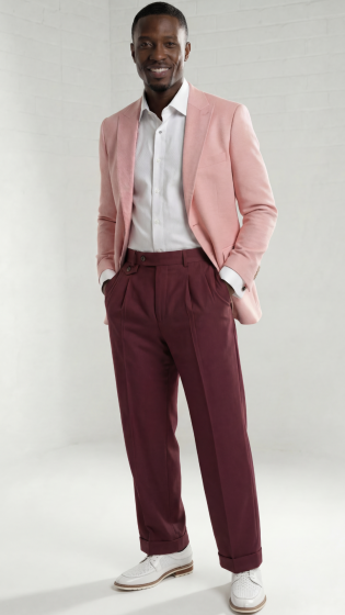 Mens Wide Leg Pants Classic Fit Pleated Pants in Color "Wine" 20.5 inch bottom Pants come lined to the knee.