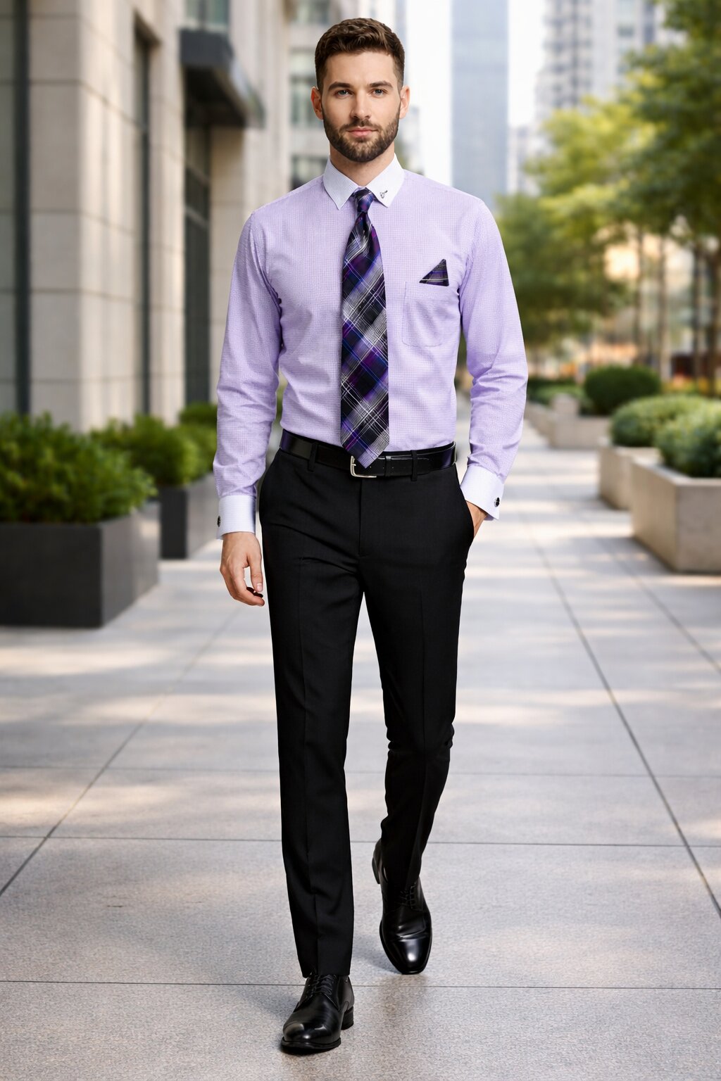 Lavender Pin Collar Dress Shirt With Collar Bar