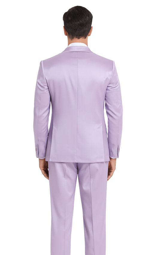 Men's Lavender Satin Slim Fit Tazzio 3 Piece Suit with Double Breasted Vest and Peak Lapel Jacket - Image 3